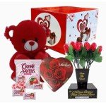 VALENTINE GIFT BASKET SET |10" Teddy Bear Plush (White or Red), Dozen Belgian Milk Chocolate Roses Bouquet, Creme Savers Strawberry and Creme Hard Candy, Elmer Chocolate Rose Flowers Heart Shaped, &