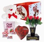 VALENTINE GIFT BASKET SET |10" Teddy Bear Plush (White or Red), Dozen Belgian Milk Chocolate Roses Bouquet, Creme Savers Strawberry and Creme Hard Candy, Elmer Chocolate Rose Flowers Heart Shaped, &