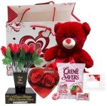 VALENTINE GIFT BASKET SET |10" Teddy Bear Plush (White or Red), Dozen Belgian Milk Chocolate Roses Bouquet, Creme Savers Strawberry and Creme Hard Candy, Elmer Chocolate Rose Flowers Heart Shaped, &