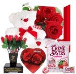 VALENTINE GIFT BASKET SET |10" Teddy Bear Plush (White or Red), Dozen Belgian Milk Chocolate Roses Bouquet, Creme Savers Strawberry and Creme Hard Candy, Elmer Chocolate Rose Flowers Heart Shaped, &