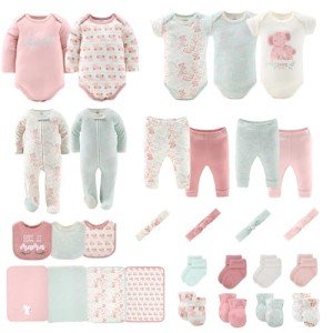 The Peanutshell Baby Layette Gift Set for Girls - 30 Piece New Born Girl Gift Set, Baby Clothes & Newborn Essentials Must Haves - Newborn Clothes 0-3 Months - Floral Elephant