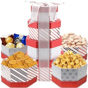 Christmas Tower Box, Party Mix, Gourmet Gift Tower Basket, Gift Basket, Waffle Pretzels, Salted Pistachios, Caramel Corn, Ferroro Rocher