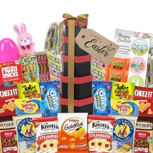Premade Easter Care Package Tower gift - Candy Snacks gift Treats Plush Bunny Cookies Gift Box Bundle Basket Fillers Stuffers Present Kids Adults Boys Girls College Student Child Grandchildren Toddlers