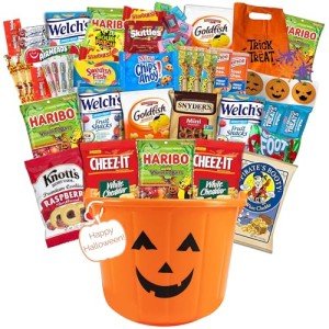 Halloween Care Package Gift Basket pack Candy Snacks Assortment Trick or Treat Cookies Food Bars Toys Variety Gift Pack Box Bundle Mixed Halloween bucket for Children Kids Boys Girls College Studen
