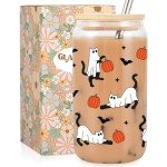 Fairy's Gift Halloween Ghost Cat Iced Coffee Cup, Halloween Cat Pumpkin Glass Tumbler, 16 oz Spooky Coffee Glass Cup with Lid Straw, Boo Basket Stuffers, Spooky Gifts for Feline Lover, Women, Teen