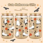 Fairy's Gift Halloween Ghost Cat Iced Coffee Cup, Halloween Cat Pumpkin Glass Tumbler, 16 oz Spooky Coffee Glass Cup with Lid Straw, Boo Basket Stuffers, Spooky Gifts for Feline Lover, Women, Teen