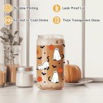 Fairy's Gift Halloween Ghost Cat Iced Coffee Cup, Halloween Cat Pumpkin Glass Tumbler, 16 oz Spooky Coffee Glass Cup with Lid Straw, Boo Basket Stuffers, Spooky Gifts for Feline Lover, Women, Teen