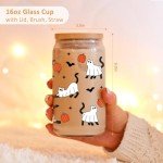 Fairy's Gift Halloween Ghost Cat Iced Coffee Cup, Halloween Cat Pumpkin Glass Tumbler, 16 oz Spooky Coffee Glass Cup with Lid Straw, Boo Basket Stuffers, Spooky Gifts for Feline Lover, Women, Teen
