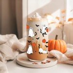 Fairy's Gift Halloween Ghost Cat Iced Coffee Cup, Halloween Cat Pumpkin Glass Tumbler, 16 oz Spooky Coffee Glass Cup with Lid Straw, Boo Basket Stuffers, Spooky Gifts for Feline Lover, Women, Teen