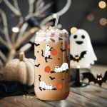 Fairy's Gift Halloween Ghost Cat Iced Coffee Cup, Halloween Cat Pumpkin Glass Tumbler, 16 oz Spooky Coffee Glass Cup with Lid Straw, Boo Basket Stuffers, Spooky Gifts for Feline Lover, Women, Teen