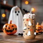 Fairy's Gift Halloween Ghost Cat Iced Coffee Cup, Halloween Cat Pumpkin Glass Tumbler, 16 oz Spooky Coffee Glass Cup with Lid Straw, Boo Basket Stuffers, Spooky Gifts for Feline Lover, Women, Teen