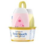 Johnson's First Touch Baby Gift Set, Baby Bath, Skin & Hair Essential Products, Kit for New Parents with Wash & Shampoo, Lotion, & Diaper Rash Cream, Hypoallergenic & Paraben-Free, 4 items