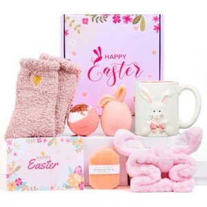 Larchio Easter Basket Essentials For Adults Easter Gifts for Women Basket Sutffers for Teen with Bunny Mug Scented Candle Spa Gifts for Women Teen Girls
