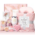 Birthday Gifts for Women Self Care Gifts Get Well Soon Gifts, Rose Relaxing Spa Gifts Basket Care Package w/ Luxury Flannel Blanket, Unique Mothers Day Gifts for Mom Her Friend Sister Wife Grandma