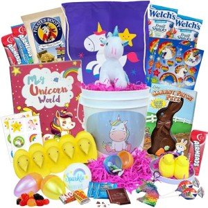Unicorn Easter Gift Basket For Kids, Boys, Girls - Filled with Easter Eggs, Candy, Chocolate - Great Easter Care Package for Family and Friends