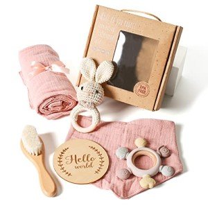 YOUUYS Baby Gift Set for Newborn - Baby Essential Bath Basket Gift Set with Baby Blanket Baby Rattle Teether Toy & Hair Brush Newborn Shower Gift for Baby Girls Boys 6PCS (Bunny)