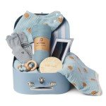 Baby Gift Set Boy - Newborn Shower Gift Basket with Large Minky Plush Blanket, Muslin Swaddle, Teether, Wooden Birth Record, Hand & Foot Print Kit, Nemo Socks, for Newborn Essentials Boys, Blue