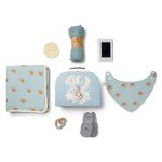 Baby Gift Set Boy - Newborn Shower Gift Basket with Large Minky Plush Blanket, Muslin Swaddle, Teether, Wooden Birth Record, Hand & Foot Print Kit, Nemo Socks, for Newborn Essentials Boys, Blue