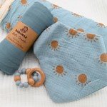 Baby Gift Set Boy - Newborn Shower Gift Basket with Large Minky Plush Blanket, Muslin Swaddle, Teether, Wooden Birth Record, Hand & Foot Print Kit, Nemo Socks, for Newborn Essentials Boys, Blue