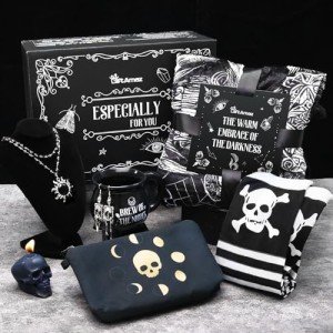 GiftAmaz Gothic Get Well Gifts for Women, Care Package with Witch Cauldron Mug, Goth Blanket & Sun Necklace, Thinking of You Birthday Box, Self Care Gift Basket for Girls Friend, Medium, Black