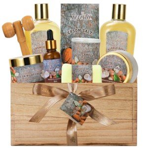 Mother's Day 10 Pc Spa Gift Set for Women - Gifts for Her Spa Kit Bubble Bath Spa Gift Basket for Women with Epsom Salt, Bath & Body Oil, Body Scrub, Candle, Wood Massage Tool - Bath Set Spa Basket