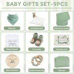 Baby Gift Set Baby Shower Gifts Basket for Newborns New Born Baby Sage Green Gift Basket with Baby Rattle Swaddle Security Blanket for Gender Neutral Baby Girls Boys