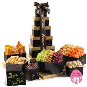 NUT CRAVINGS Gourmet Collection Easter Dried Fruit & Mixed Nuts Gift Basket Black Tower + Ribbon (12 Assortments) Arrangement Platter Bday Care Package Healthy Kosher Corporate
