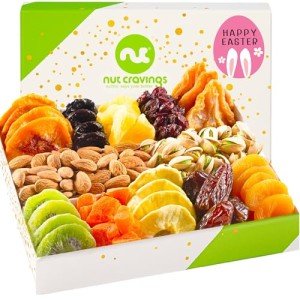 NUT CRAVINGS Gourmet Collection - Easter Treats, Dried Fruit & Mixed Nuts Gift Basket in White Gold Box (12 Assortments) Arrangement Platter Bday Care Package, Healthy Kosher