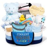 iAOVUEBY Baby Gift Set for Newborn, New Baby Boy Gift Basket, Newborn Essentials Hat Onesie Bear Toys Keepsake Blanket Infant Diaper Changing Pad Bibs, Baby Shower Gifts for Boys