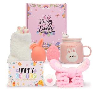 Munutix Easter Gifts for Women - 8 Pcs Easter Baskets for Teens,Gifts Baskets for Teens and Women,with Bunny Mugs,Bunny Candles,Socks and Hairbands