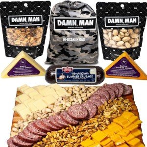 Variety Food Gift Basket for Men - Over 1 1/2 lbs of Cheese, Sausage, Nuts in Camo Bag, Unique Easter, Birthday Gift for Men, Care Package, Charcuterie Meat and Cheese Gift Basket, Snack
