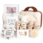 iAOVUEBY Baby Gift Set, Baby Shower Gifts for Girls Boys, Bear New Baby Gift Basket Include Newborn Rattle Blanket Wooden Keepsake Milestone Cute Bibs Socks Greeting Card, Baby Gift Essentials Stuff