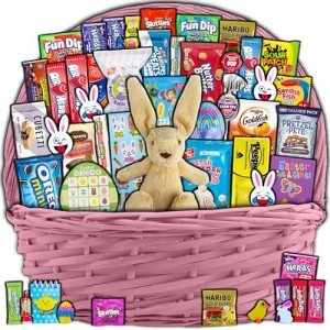 Pink Easter Basket for Kids and Adults (45ct) - Already Filled Easter Gift Basket with Plush Easter Bunny, Candy, Snacks, and Treats - Boys, Girls, Grandchildren, Young Children, Toddlers, Men, Women