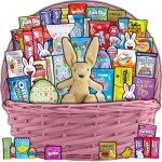Pink Easter Basket for Kids and Adults (45ct) - Already Filled Easter Gift Basket with Plush Easter Bunny, Candy, Snacks, and Treats - Boys, Girls, Grandchildren, Young Children, Toddlers, Men, Women