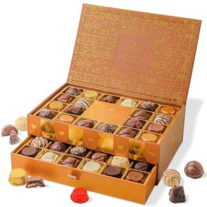 Chocolate Gift Basket, Candy Food Gifts, Gourmet Snack Box, Holiday Present Idea, Corporate Him & Her, Men, Women, Two-Tier Box with Assorted Belgian Truffles, 10+ Flavors, Bonnie and Pop (Copper)