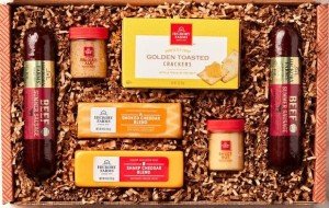 Hickory Farms Gift Basket Hearty Beef Summer Sausage and Cheese Sampler with bonus Holiday Magnet - Meat and Cheese Set including 2 Sausages, Smoked Cheddar Blend 4 oz, Farmhouse Cheddar 4 Oz