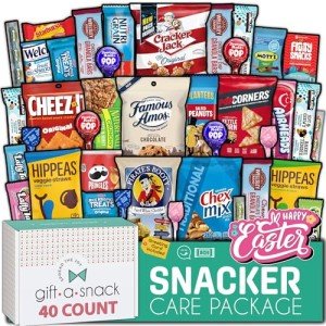 Gift A Snack - Easter Snack Box Variety Pack Care Package + Greeting Card (40 Count) Birthday Sweet Treats Gift Basket, Candies Chips Crackers Bars