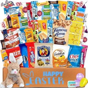 Easter Snack Box Care Package (50ct) Candy Chocolates Assortment, Cookies Food Bars Basket Gift Pack Bundle for Boy Girl Friend College Student Child Adults Kids Grandkids Office