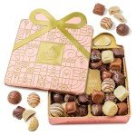 Easter Chocolate Gift Basket, Candy Food Gifts Arrangement Platter, Gourmet Snack Gift Bow Tin Box, Present Idea, Stocking Stuffer, Corporate Him & Her, Men Women Family Parties- Gourmet Belgian Truffles- Pink- Bonnie & Pop