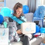 iAOVUEBY Baby Shower Gifts, Baby Boy Gift Basket Set Newborn Blanket Elephant Lovey Baby Security Blanket Wooden Rattle Toy, Funny Bibs Socks & Greeting Card, New Boys Baby Gift Essentials