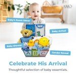 Deluxe 15-Piece New Baby Gift Basket | Newborn Baby Boy Gift Set with Baby Essentials | Baby Gift Basket for Expecting Moms & Parents | Blue Baby Gift Set with Dinosaurs | Nikki's Gift Baskets