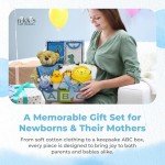 Deluxe 15-Piece New Baby Gift Basket | Newborn Baby Boy Gift Set with Baby Essentials | Baby Gift Basket for Expecting Moms & Parents | Blue Baby Gift Set with Dinosaurs | Nikki's Gift Baskets