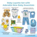 Deluxe 15-Piece New Baby Gift Basket | Newborn Baby Boy Gift Set with Baby Essentials | Baby Gift Basket for Expecting Moms & Parents | Blue Baby Gift Set with Dinosaurs | Nikki's Gift Baskets