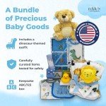 Deluxe 15-Piece New Baby Gift Basket | Newborn Baby Boy Gift Set with Baby Essentials | Baby Gift Basket for Expecting Moms & Parents | Blue Baby Gift Set with Dinosaurs | Nikki's Gift Baskets