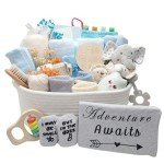 27-Piece Baby Shower Gifts for Boys, Newborn Essentials Must Haves,Large Baby Boy Gift Basket Set Essential Stuff,Gender Reveal Gifts,Rattle Swaddle,Blue,Baby Registry Search,Diaper Caddy Organizer