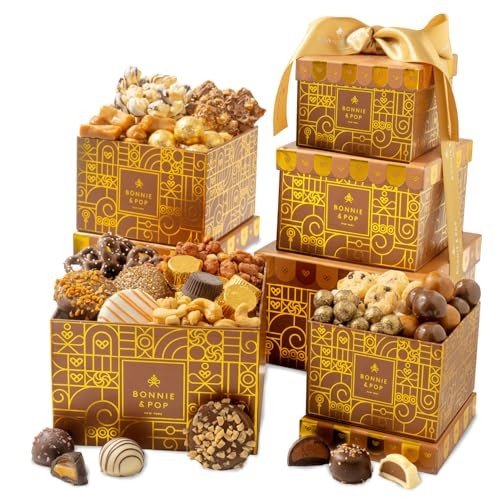 Gift Basket, Gift Tower, Chocolate Candy Snack Treat Gift Box Assortment - Men, Women, Corporate, Office, Employee, Appreciation, Thank You, Party- Bonnie and Pop (Chocolate)