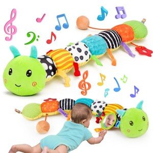 Baby Sensory Toy 0-6 Month Music Animal Stuffed Plush Caterpillar Toy for Infant 0-3-6 Month Tummy Time with Baby Mirror Crinkle Rattle 6-12 Month Newborn Boy Girl Easter Basket Stuffers Shower Gifts