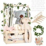 Baby Shower Gifts Basket Wooden Crate, Personalized Wooden Letters and Baby Clothes Hangers New Born Baby Girl Boy Gifts Vine Decorations Cute Closet with Handle Pregnancy Gifts for New Mom Parents