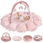 HAN-MM 5-in-1 Convertible Baby Play Gym with 6 Toys, Tummy Time Mat for Sensory Development, Baby Activity Center from Newborn to Toddler, Ball Pit, Cat & Dog Bed, Soft Plush Pet Bed, Pink