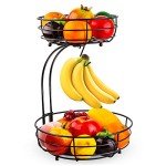 Auledio Iron 2-Tier Countertop Fruit Vegetables Basket Bowl Storage With Banana Hanger, Black, 64 ounces